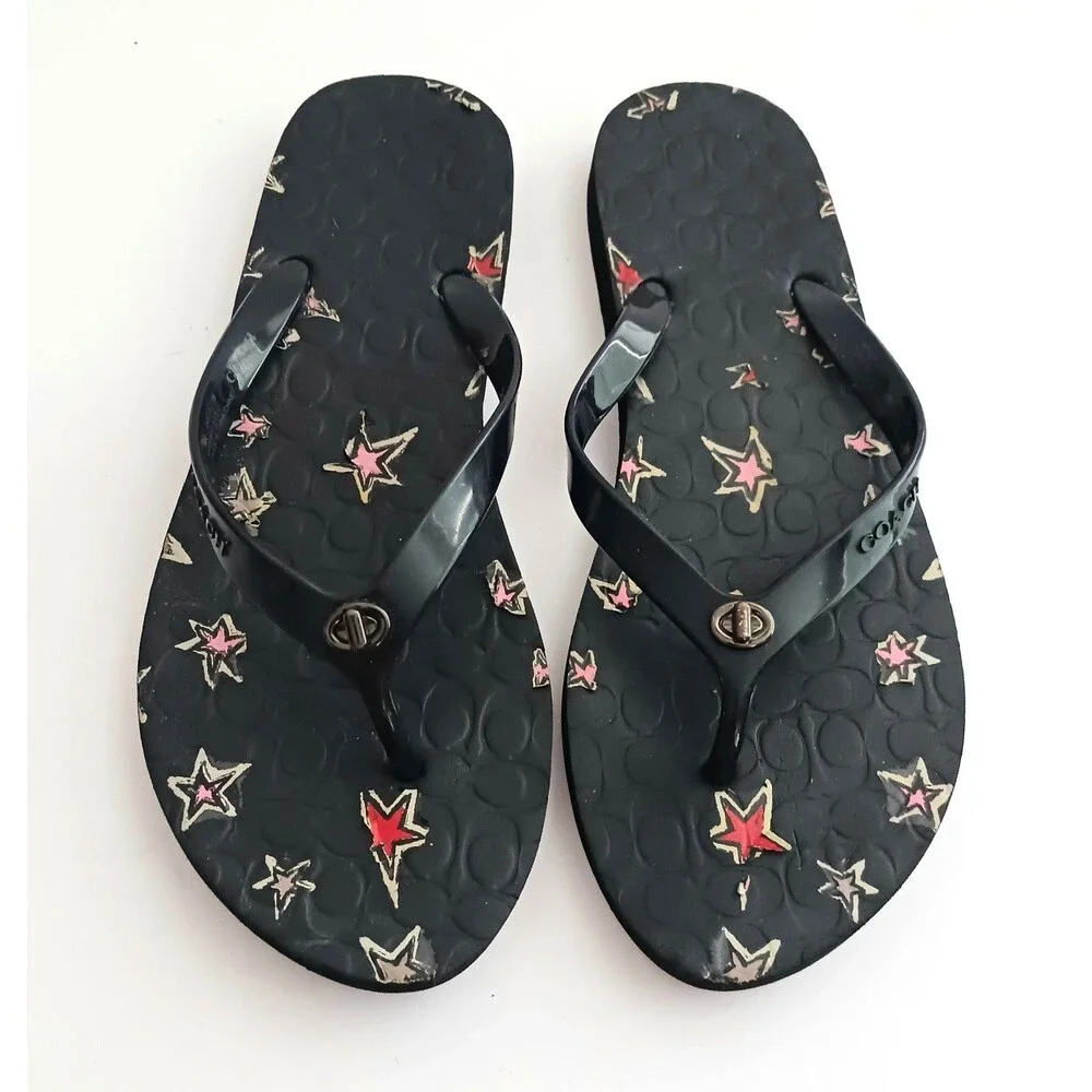 Coach Abbigail Turnlock Flip Flops Black C Logo Embossed Insole w Stars Sz 9 - Picture 1 of 9